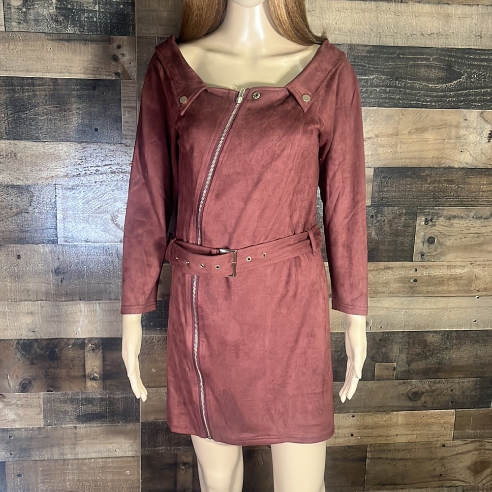 🟣Fashion Nova Soft Suede Dress With Zipper & Off Shoulder Sleeve